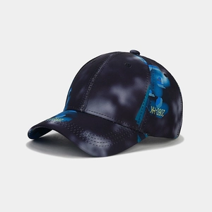 Detailed view of digital camouflage baseball cap with yellow XH-0907 printing