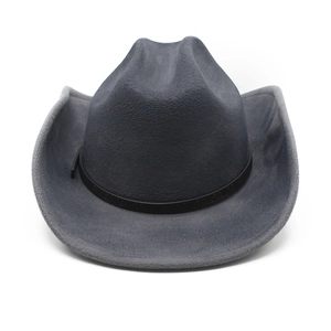 Top view of dark grey western cowboy hat with distressed finish and black leather strap