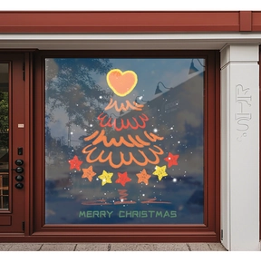 Detailed Christmas tree window static sticker with hearts and stars on glass storefront