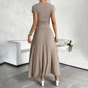 Damen Eleganter Rippstrick Kurzarm Crop Top Und Maxi Rock Mit Hoher Taille Slim Fit Sommer Casual Outfits Einfarbig