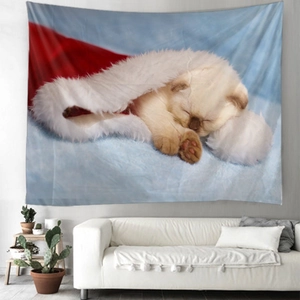 Christmas wall tapestry featuring a cute cat in a Santa hat over a modern living room sofa