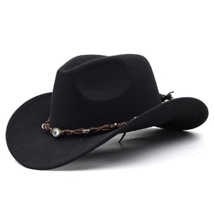 Classic black felt western cowboy hat with evil eye bead and brown braided band
