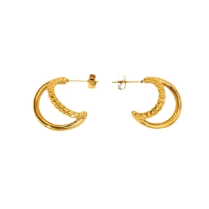 Gold-plated stainless steel double-layered C-shaped hoop earrings with a twisted design