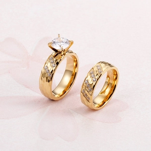 Minimalist 18k gold plated titanium couple ring set with textured surface and diamonds