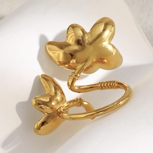 Elegant 18K gold plated stainless steel open ring with a 3D floral design for women