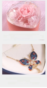Detail view of pink heart rose jewelry box with a crystal butterfly pendant necklace