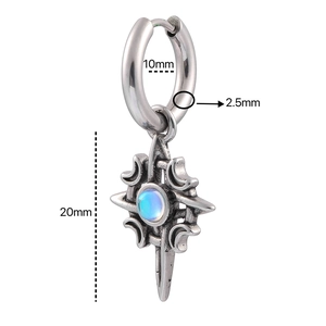 Detailed dimensions of vintage steel cross earrings with blue moonstone and size markers