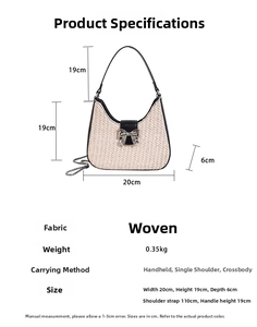 Détail d'un sac à bandoulière tissé avec bordure en cuir noir et nœud en argent élégant