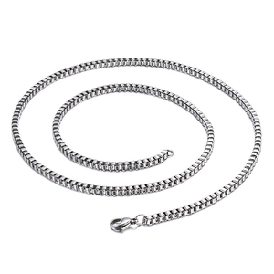 Polished silver stainless steel Venetian box chain with secure lobster clasp on white background