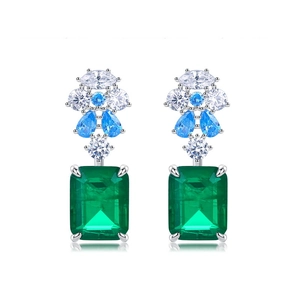 Elegant S925 silver drop earrings with emerald cut green gems and colorful diamond accents