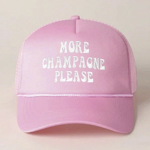 Pink foam trucker hat with MORE CHAMPAGNE PLEASE embroidery and breathable white mesh