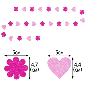 Detailed size chart for pink glitter flower and heart shaped Mother's Day party banner
