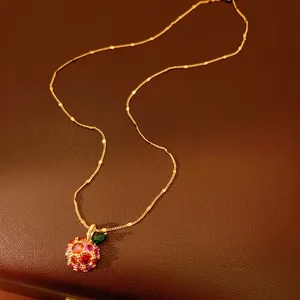 14K Gold Plated Copper Apple Pendant Necklace Multi-Color Zirconia Pavé Light Luxury Clavicle Chain For Women