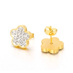 Elegant gold five-petal flower stud earrings featuring sparkling white zircon stones