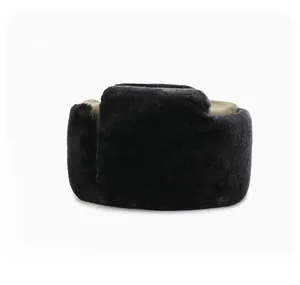 Side view of winter trapper hat for men with black faux fur and warm lining