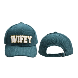 Front and back view of teal corduroy baseball cap with WIFEY sequin embroidery
