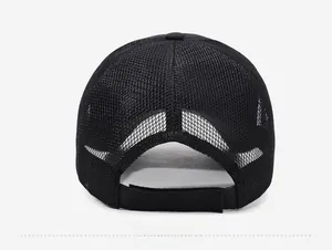 Rear view of black breathable mesh baseball cap with adjustable velcro strap closure