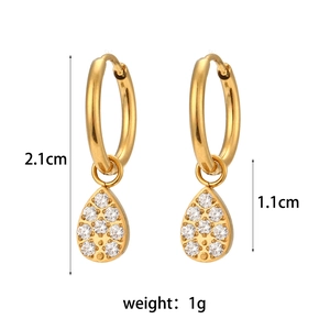 Golden huggie hoop earrings with zircon teardrop pendant showing 2.1cm length and 1g weight