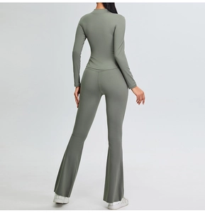 Back view of high-waist v-shape yoga set with slim long-sleeve top and flared leggings
