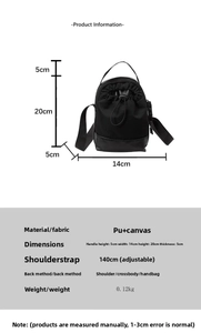 Detailed size chart for the PU canvas crossbody bag showing height width and strap length