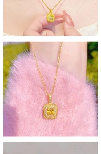 Macro shot of cushion cut yellow crystal pendant with halo diamonds on fine gold chain
