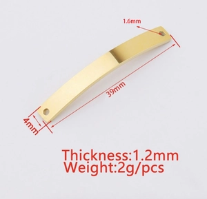 Detailed view of golden 39mm curved connector with dimensions for DIY jewelry making