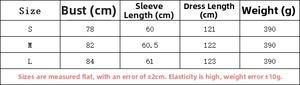 Size chart for off-shoulder knitted dress showing bust and length measurements in cm
