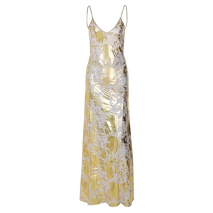 Elegant gold and white abstract print long maxi dress with thin straps and deep V-neck