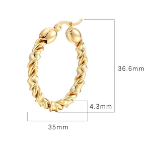 Golden twisted hoop earrings in stainless steel with 36.6mm height and 35mm width