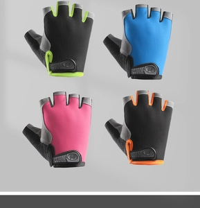Detail showing various color options of breathable half-finger sports gloves with mesh