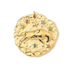 Vintage 18K gold plated Taurus zodiac necklace with colorful rhinestones and hammered texture