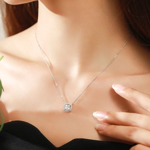Sparkling square zircon pendant S925 sterling silver necklace shown on a model