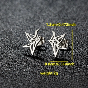 Stainless steel origami paper crane stud earrings with precise dimensions and weight