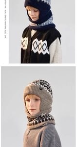 Detail of children's winter knitted scarf hood with snowflake patterns and ear protection