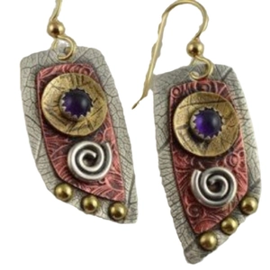 Retro multi-color metallic spiral earrings with purple gems and geometric textures