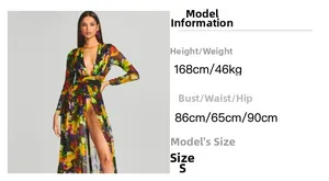 Detail view of floral print maxi dress featuring a deep V-neck and high waist slit design