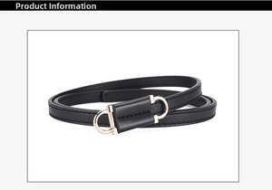 Detailed view of women's slim PU leather belt with gold horseshoe buckle and stitching