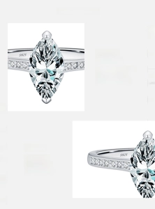 Detailed close-up of S925 sterling silver ring with marquise-cut D color VVS1 moissanite
