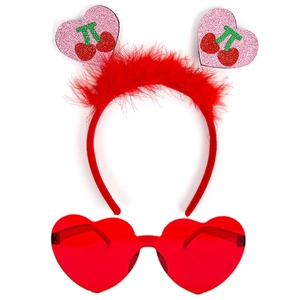 Detail view of red sequin heart headband and matching heart sunglasses for parties