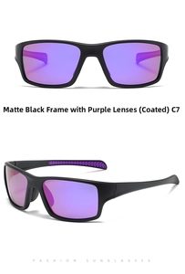 Detail view of matte black polarized sports sunglasses with purple coated lenses and C7 mark