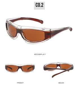 Three perspectives of brown frame sports sunglasses showing front, back, and 45-degree angle