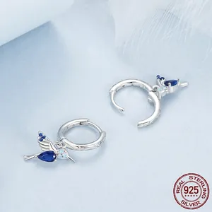 Hummingbird design hoop earrings in 925 sterling silver with blue opal gemstones