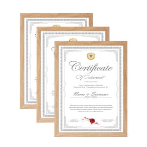 Three-piece set of natural wood certificate frames with clear grain and joinery