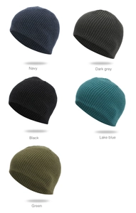 Detail view of ribbed knit beanies in navy, dark grey, black, lake blue, and green