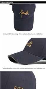 Detailansicht der hochwertigen marineblauen Baseballkappe mit goldener 3D-Stickerei
