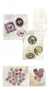 Macro detail of vintage embossed floral stickers with retro relief texture for journaling