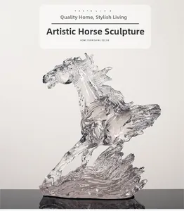 Macro detail of Nordic resin horse statue with ice-like texture and splashing waves base