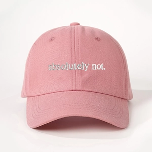 Pink cotton baseball cap with silver embroidered absolutely not text in a classic design