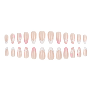 Short almond press-on nails with pink base, white French tips and small floral patterns