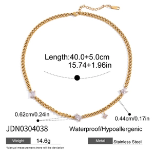 Detailed spec view of gold titanium steel zircon necklace with dimensions and material specs